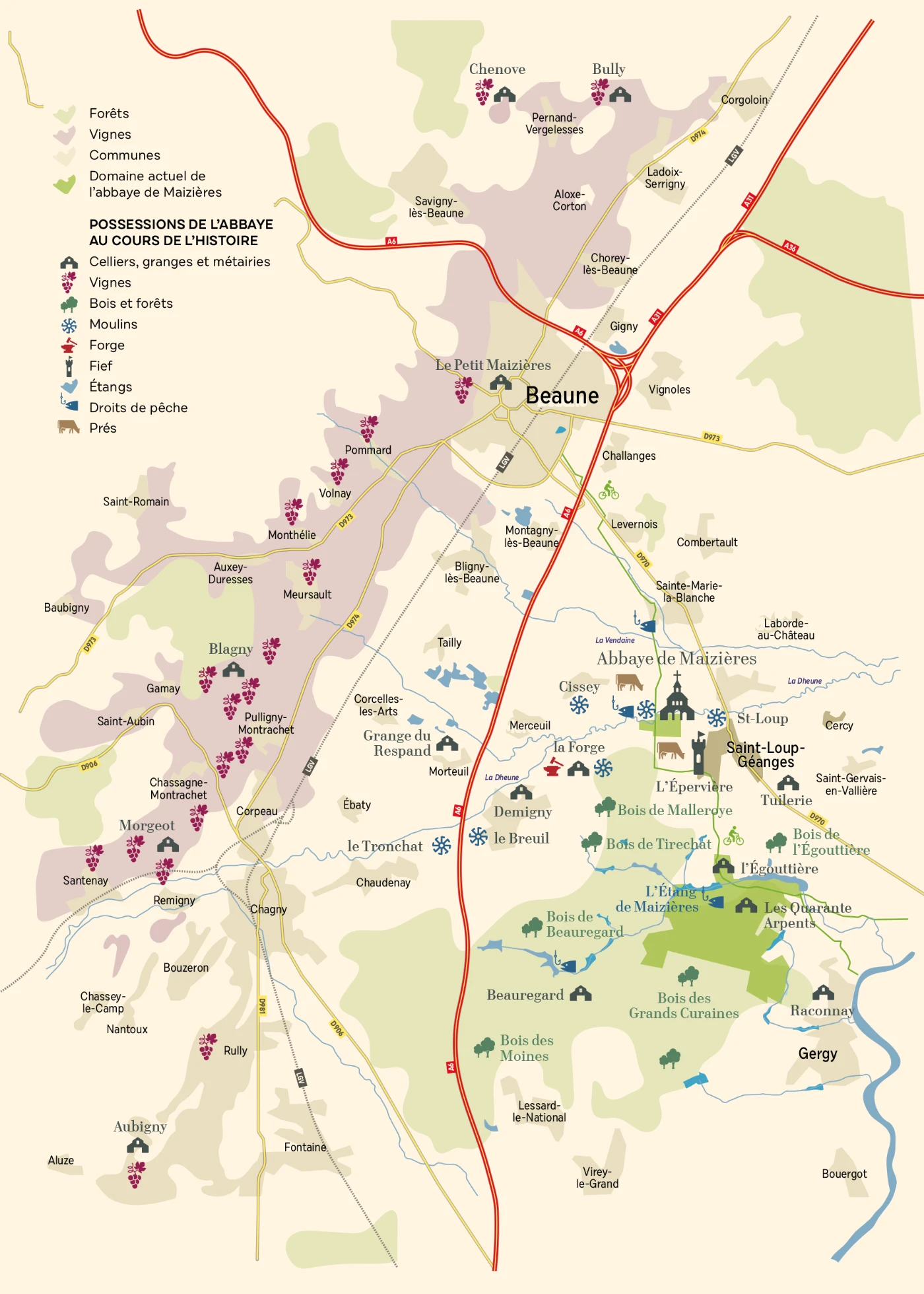 Carte des possessions historiques de l'Abbaye de Maizières en Bourgogne